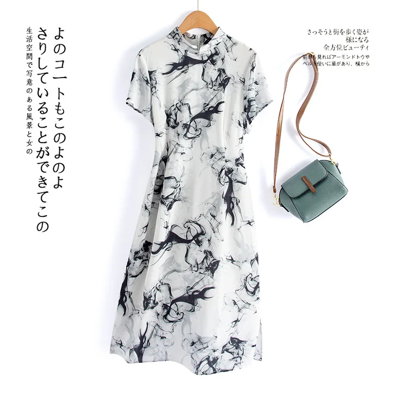 

New Chinese style mulberry silk dress, new product, standing collar printed, slimming, d4213