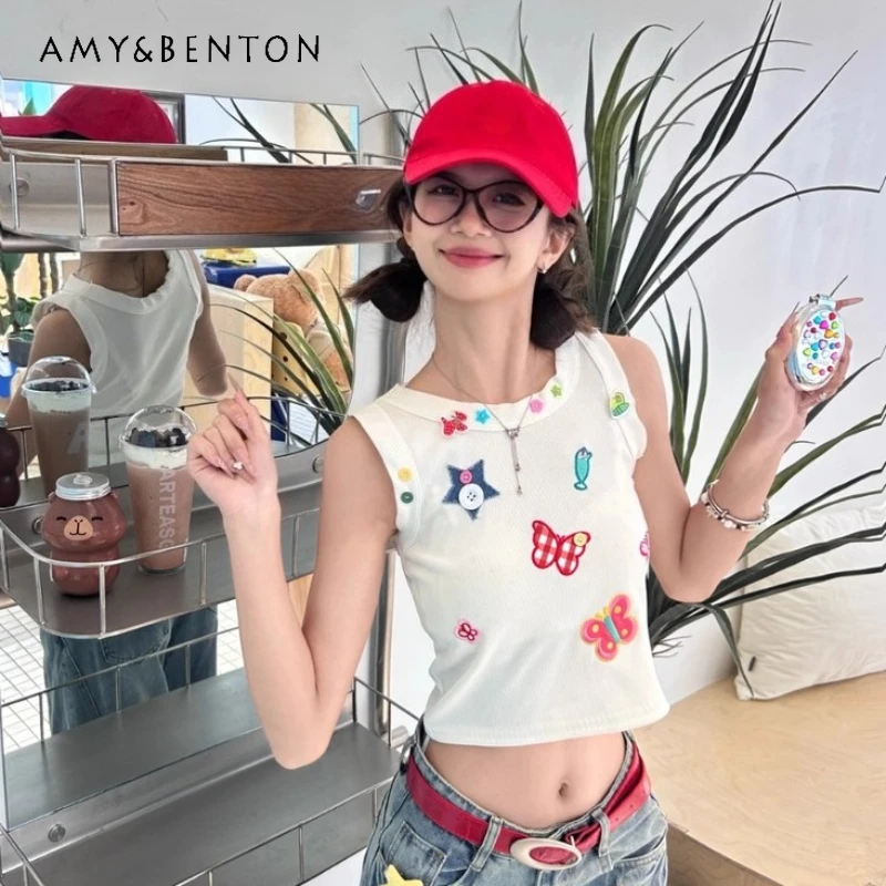 

2025 Summer New Color Butterfly Cute White Women's Camisole Vest Japanese Design Sweet Cool Hot Girl Short Slimming sling Ladies