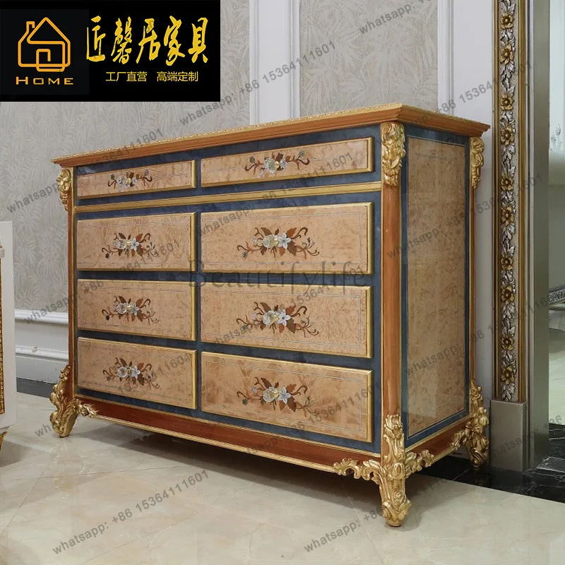 French veneer shell parquet living room entrance cabinet European retro chest cabinet