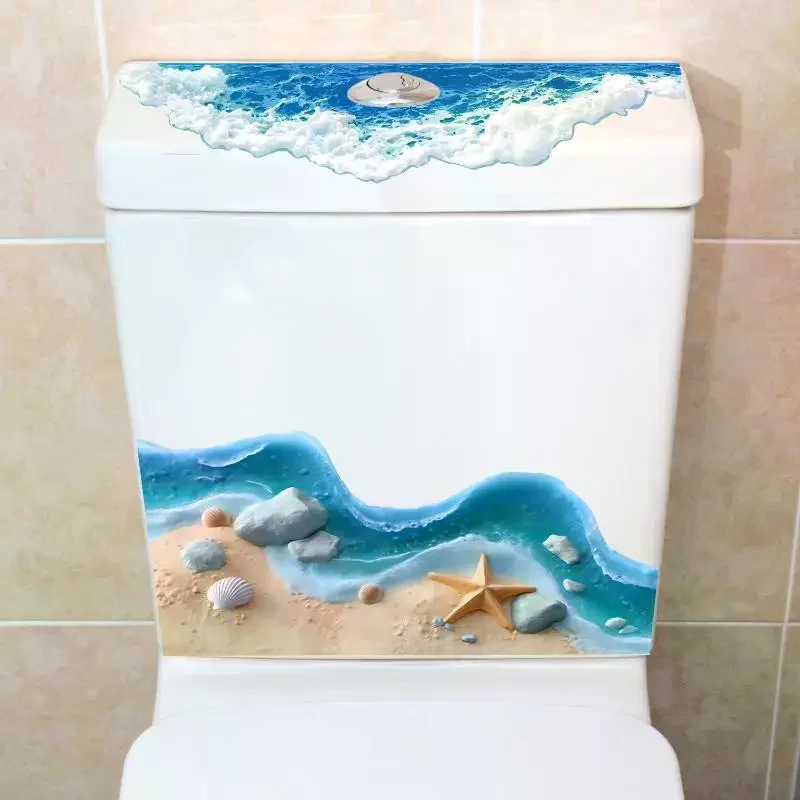 3D Toilet Tank Decor Sticker Self Adhesive Waterproof Ocean Beach Starfish Seashell Print for Household Bathroom