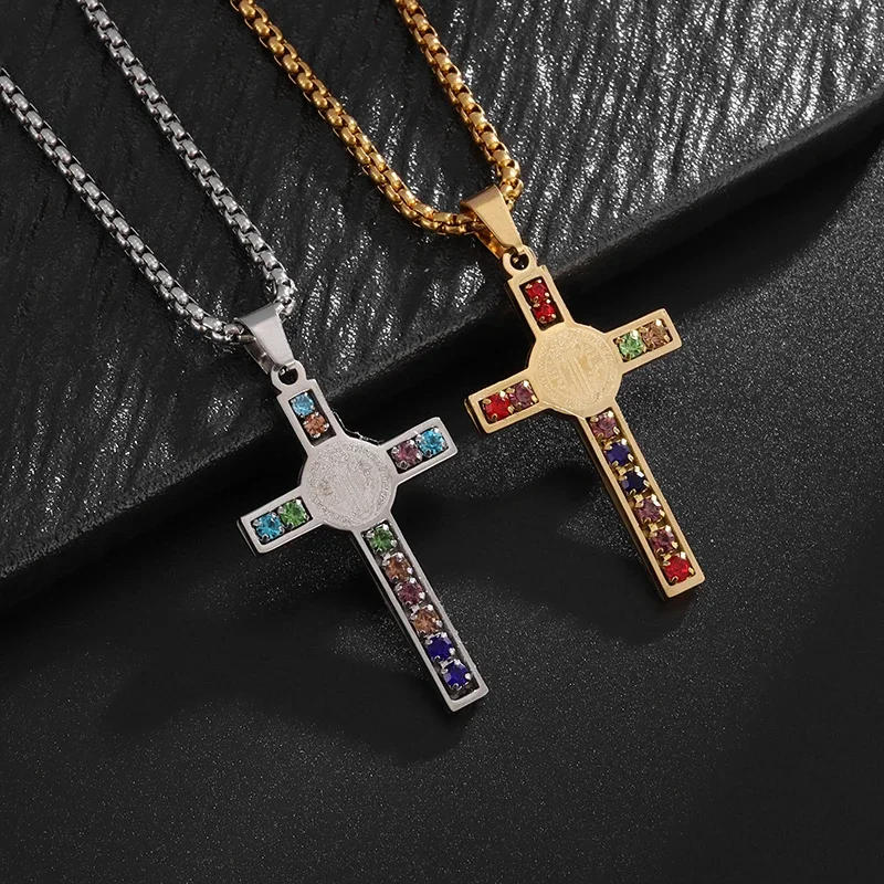 Fashion Trendy New Women's Cross Pendant Micro-Paved Colored Zircon Clavicle Chain Jewelry Accessories