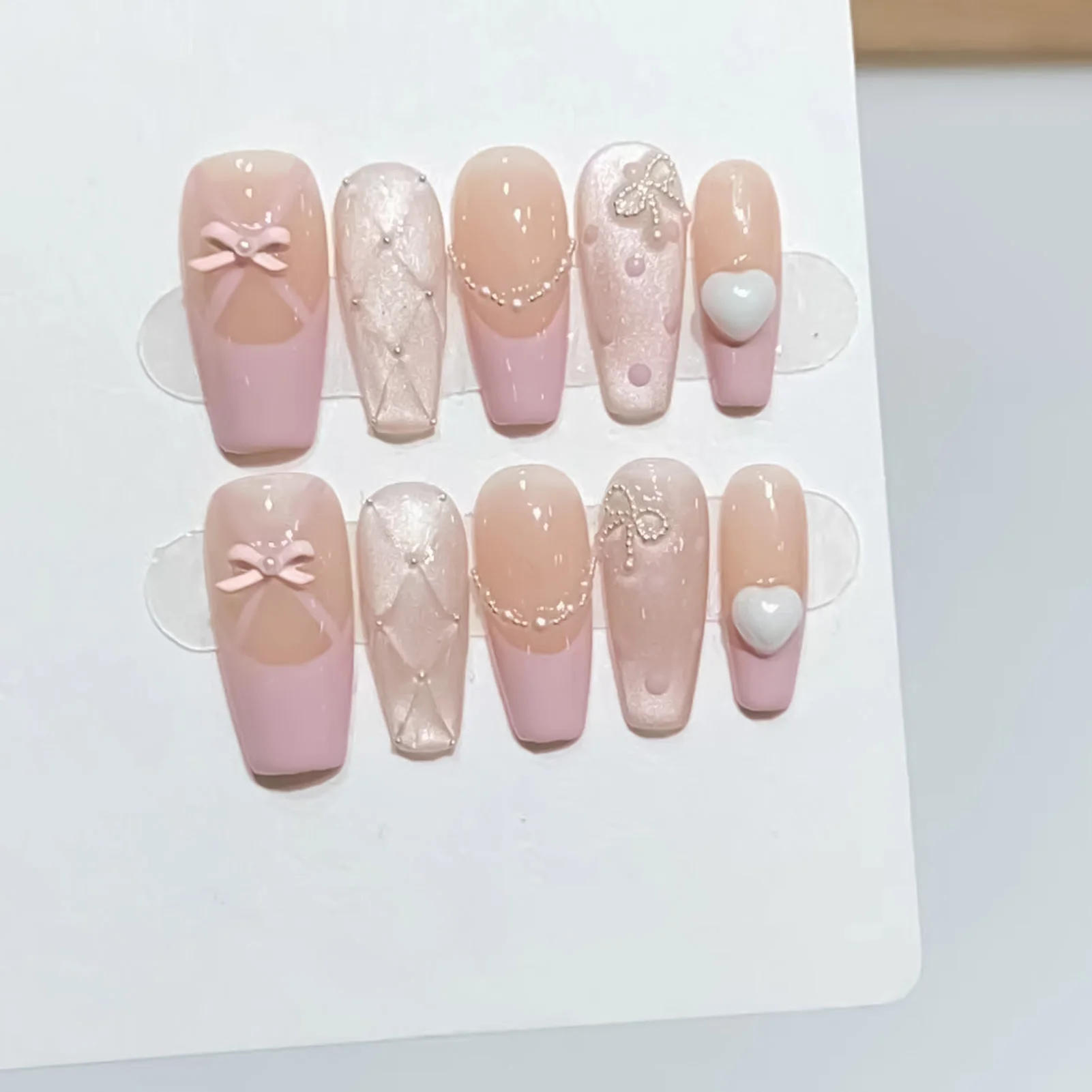 10PCS Women Pink Press on Nails Cat Eye Resin False Nails Handmade French Bow Nails for DIY Nail Manicure Wedding Party Wearing