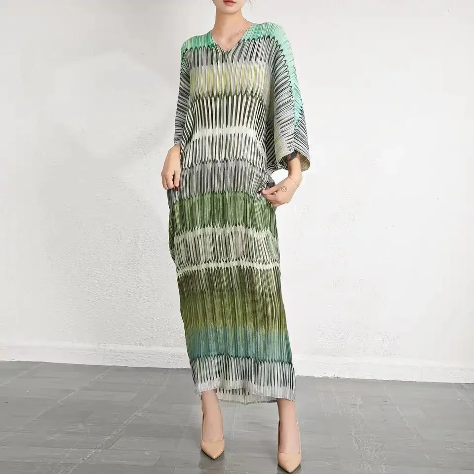 

Miyake PleatedV-neck Striped Loose Maxi Dress Printing Big Size Female High End Party Clothing 2023 New Design