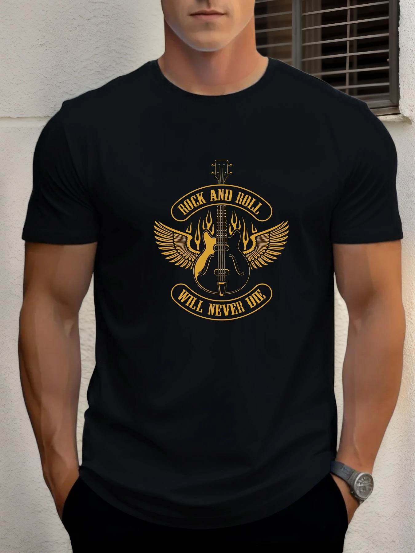 

Man Short Sleeve T-shirt ROCK AND ROLL WILL NEVER DIE Print Summer Round Neck Oversized Tee Casual Fashion High Quality Clothing