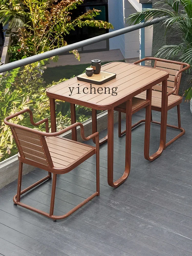 b  Balcony Plastic Wood Table and Chair Combination Outdoor Courtyard Leisure Waterproof and Sun Protection Outdoor Coffee