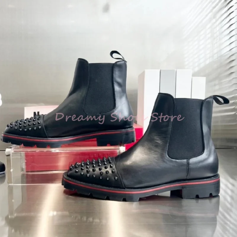 

Black Rivet Leather High Top Chelsea Boots Men Patchwork Suede Slip On Elastic Ankle Boots Men's New Fashion Vintage Party Shoes