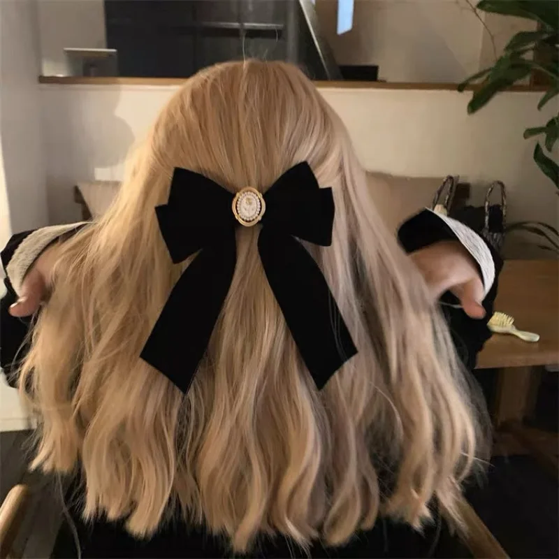 Clipe de cabelo rabo de cavalo preto veludo para mulheres, vintage, elegante, rosa, moda coreana, heawear, presilha, acessórios