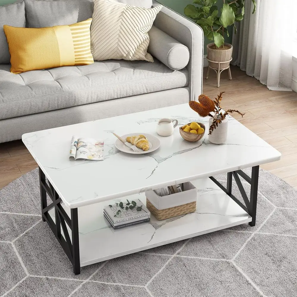 aux Marble Coee Table or Living Room with Round s,2 Tier Living Room Table with Storage Shel,Recular