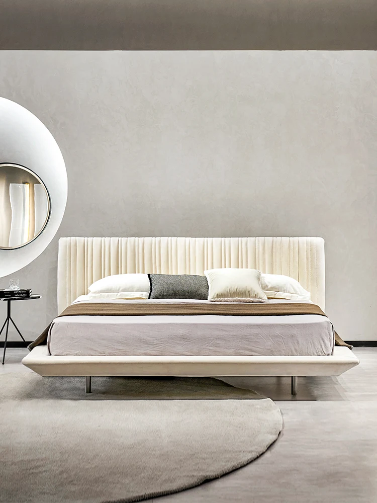 Leather floating bed, modern minimalist light luxury, cream style double