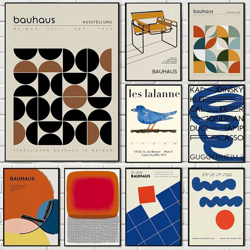 (2D-Leinwandgemälde) Blaue Linien Bauhaus Geometrisches Leinwandposter Mid-Century Bauhaus Sportliche Wandkunstdrucke für Moderne Einrichtungen