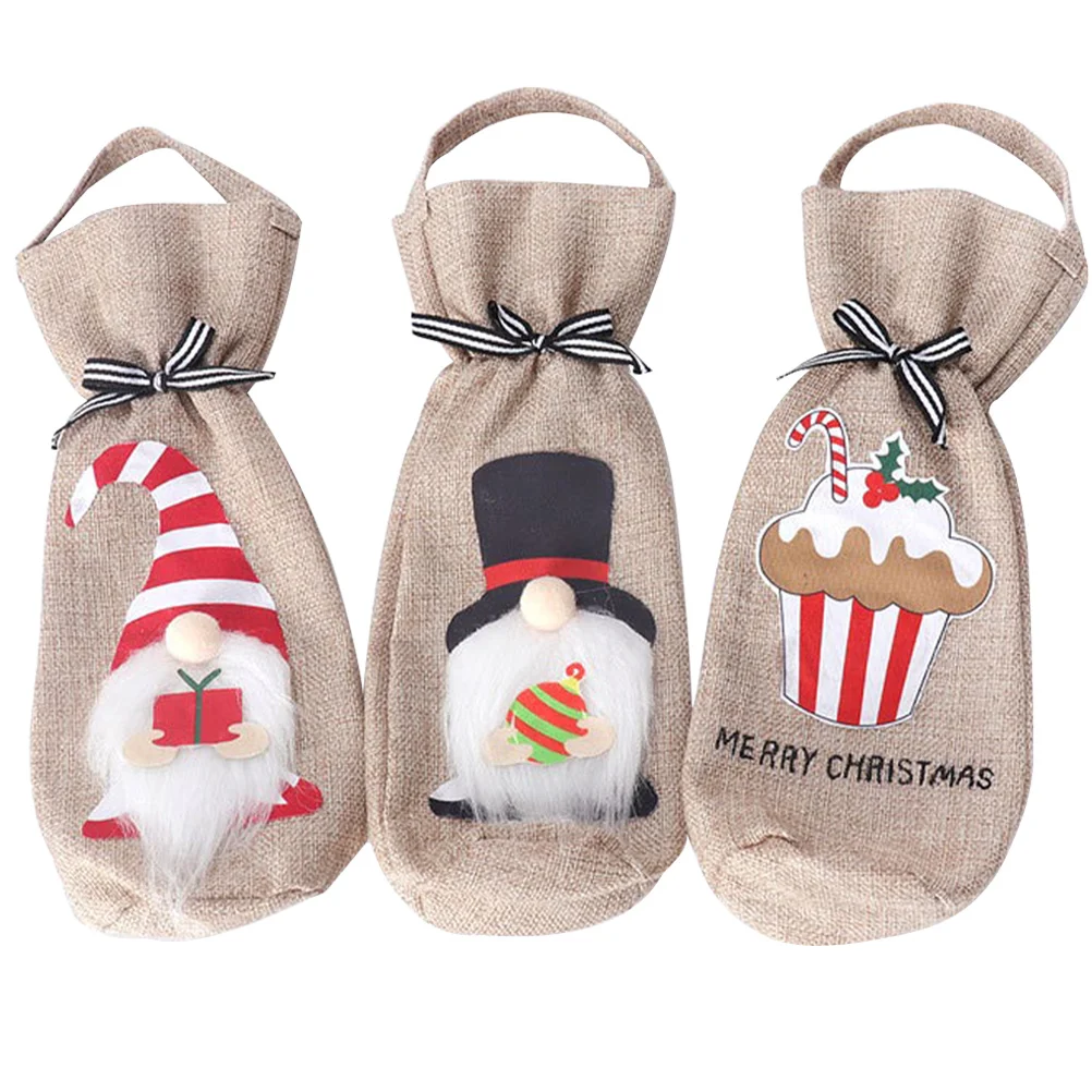 

3Pcs Wine Bottle Bags Christmas Decorative Carrier Drawstring Party Favor Gift Covers Wine Bags Creative Bottle Covers