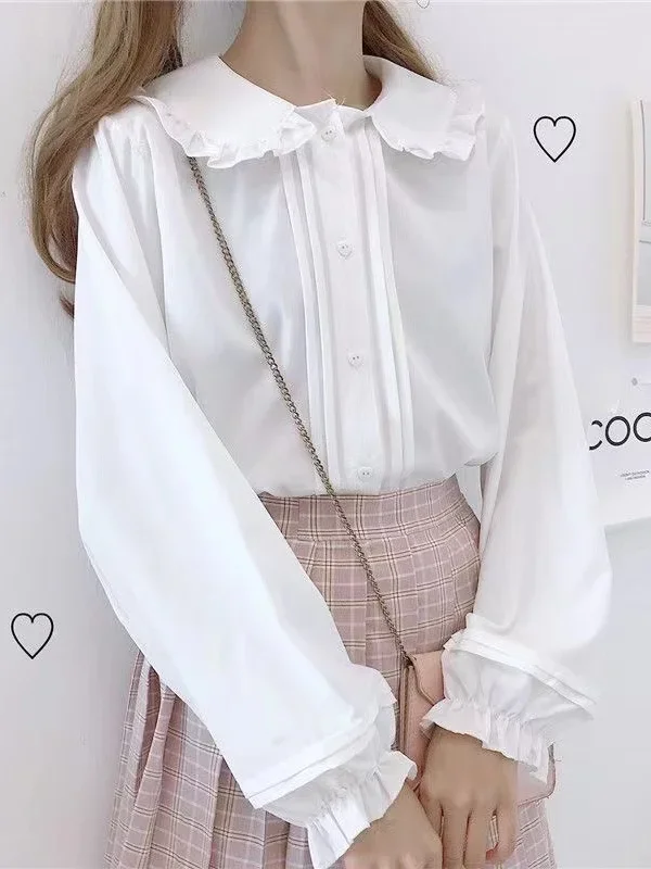 Peter Pan Collar Blouses White Black Women Lolita Kawaii Shirt Button Up Long Sleeve Cute Ruffle Tops Goth Girl Preppy Style