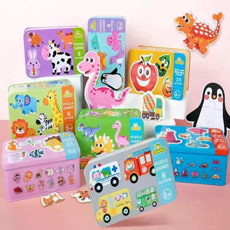 مجموعة ألعاب تعليمية مونتيسوري 6 في 1 صندوق حديد خشبي بازل قطع لوح لعبة كرتونية سيارة حيوان تحت عنوان للأطفال
