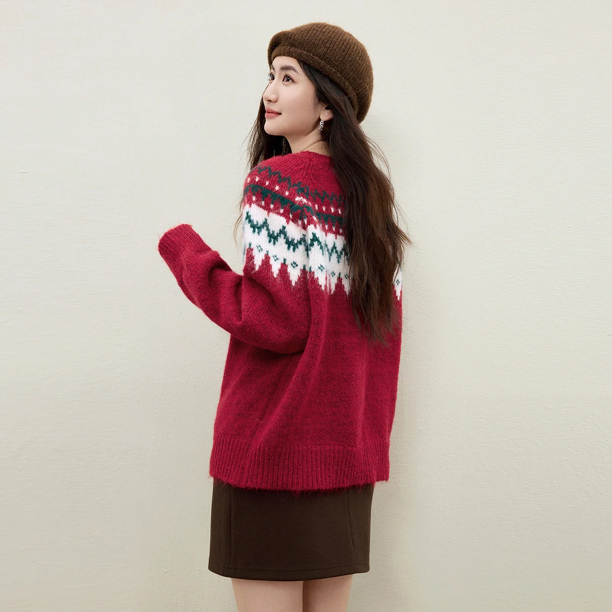 SENTUBILA Women's Chrismas Sweater 2025 Winter Fair Isle Wool Blend Round Neck Loose Knitwear Long Sleeve Top Female W54EE5750