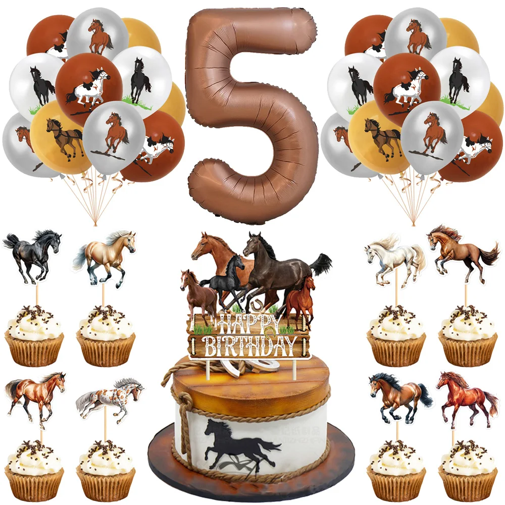Horse Racing Themed Party Supplies Number 5 Balloons Cake Topper Cupcake Toppers for 5th Horse Happy Birthday Party Decorations