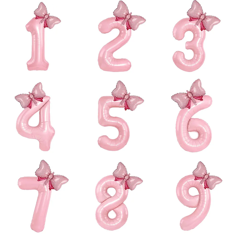 

40inch Pink Bownot Balloons Baby Girl Birthday Number Ballons Princess Birthday One Happy 1st 2nd 3rd Birthday Party Ballons