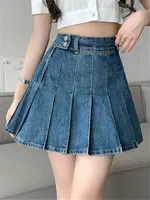 REALEFT High Waist Irregular Women's Denim Pleated A-Line Skirts Spring Summer Vintage Jeans Skater Mini Skirt Female 2024 New