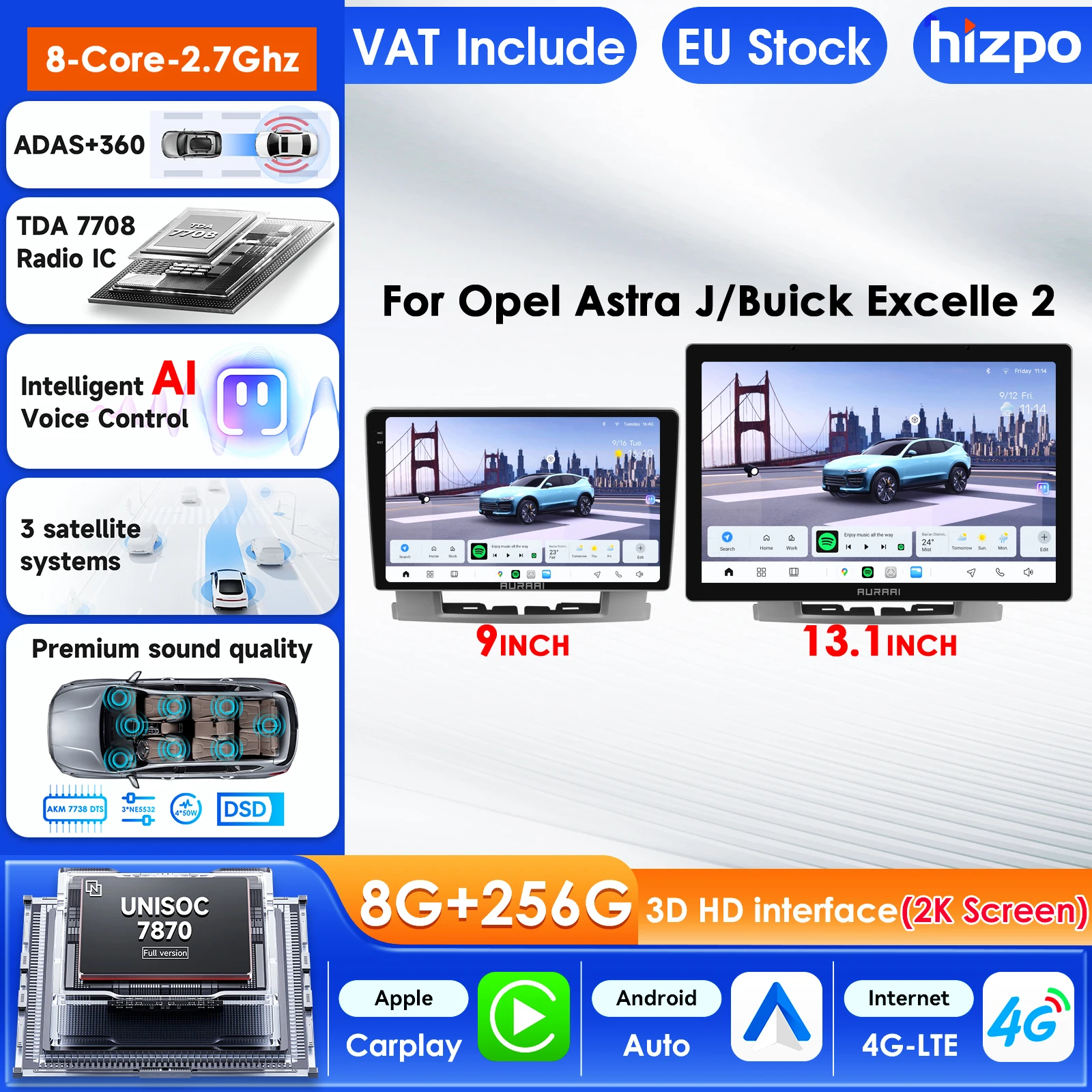 Hizpo 2K Bildschirm Android Auto für Opel Astra J 2009-2017 Buick Excelle 2 2015 Auto-Infotainment-Multimedia-Player GPS DSP Carplay
