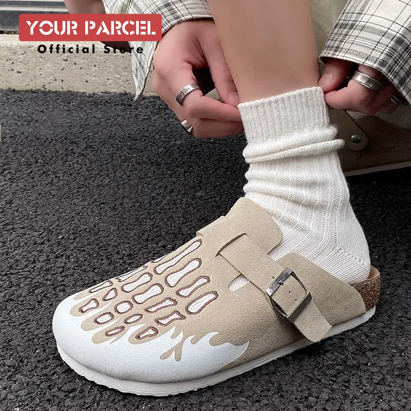 Bone Embroidered Birken Shoes For Men and Women Elevated Genuine Leather Slippers Couple Design Outdoor Slippers Large size