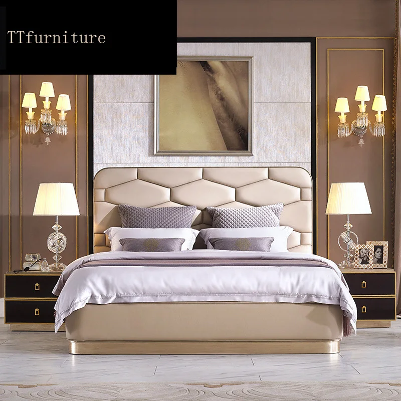 

modern european Italian solid wood genuine leather bed Fashion Carved luxurious french bedroom set furniture king size jxj76