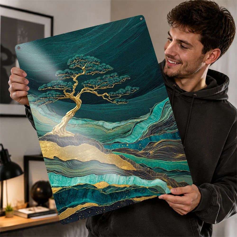 Golden Pine Tree On Teal Waves Aluminum Poster Customized Metal Sign Bold Serene Horizon Wall Art Made For Outdoor Enthusiasts