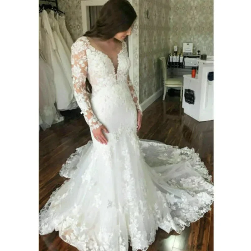 Customized V Neck Lace Appliques Mermaid Wedding Dress  Vintage Vestido De Noiva Sereia Beach Full Sleeve Bridal Gowns