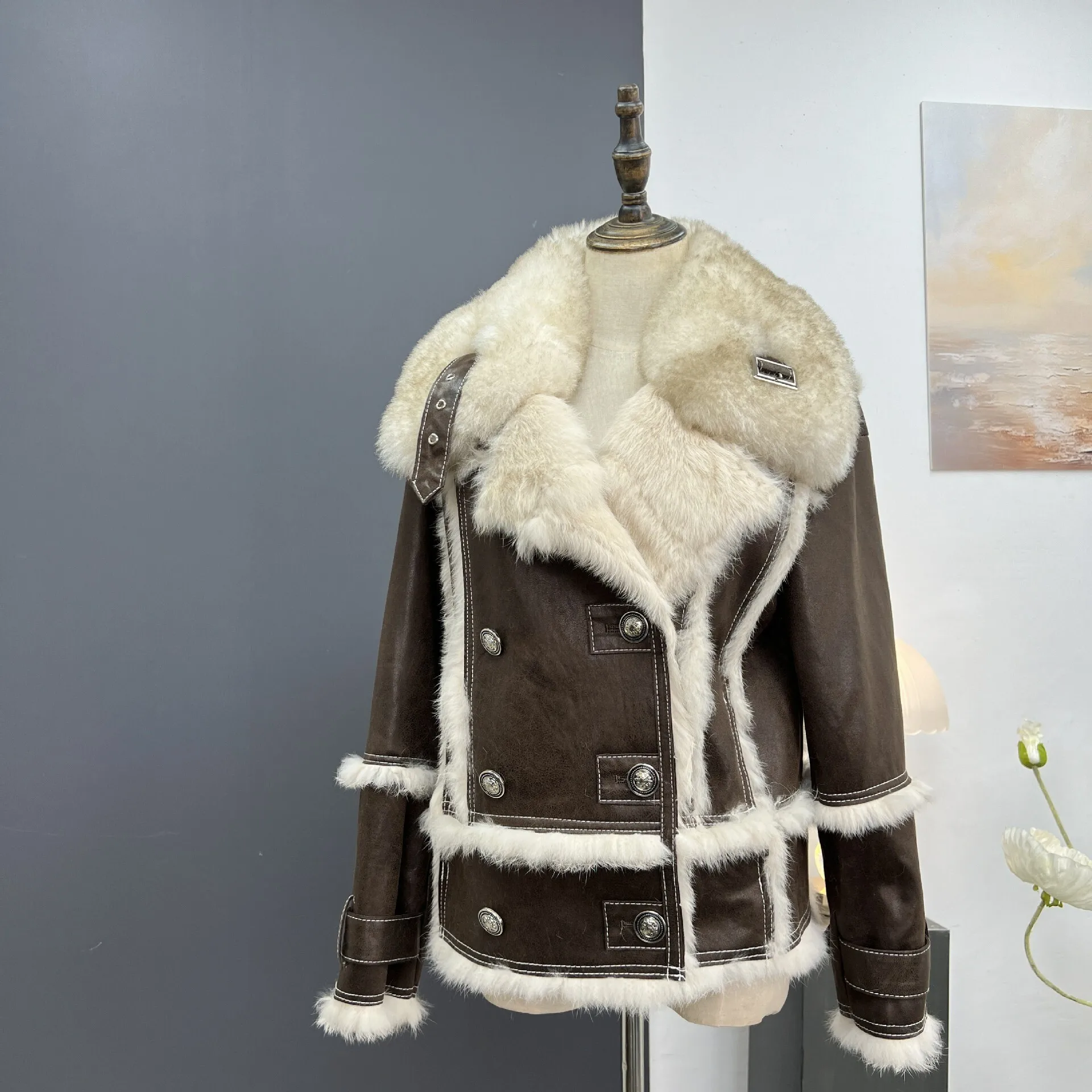 Winter Clothing Haining Fur Coat Wool Collar Rabbit Fur Integrated Coat Women's Short Young Style Suede Velvet