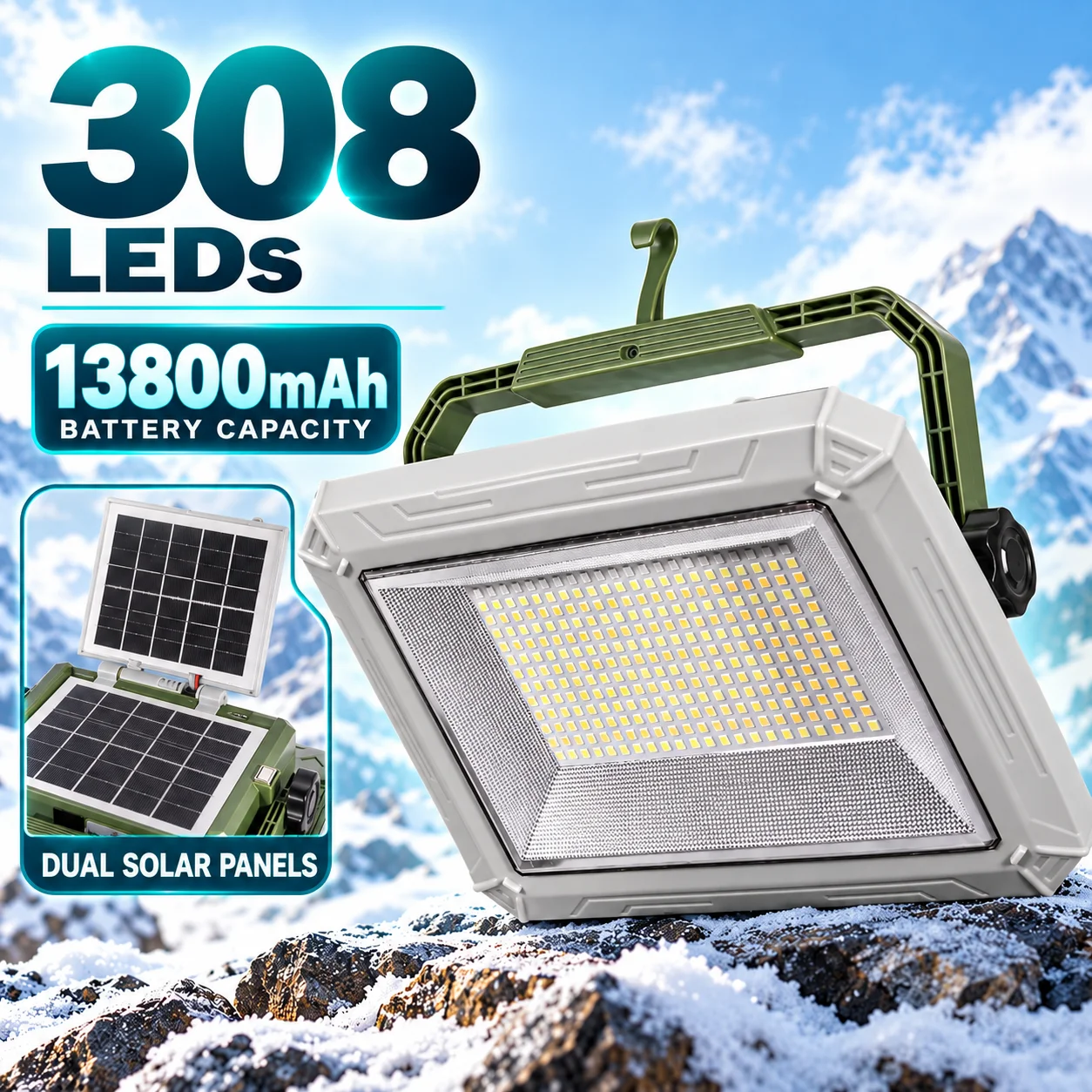 308個のledを搭載したソーラー式キャンプランタン。充電式で、13800mahのバッテリー容量、2600ルーメンの明るさ、デュアルソーラーパネル、usb-cポートを備え、屋外での緊急照明に最適。
