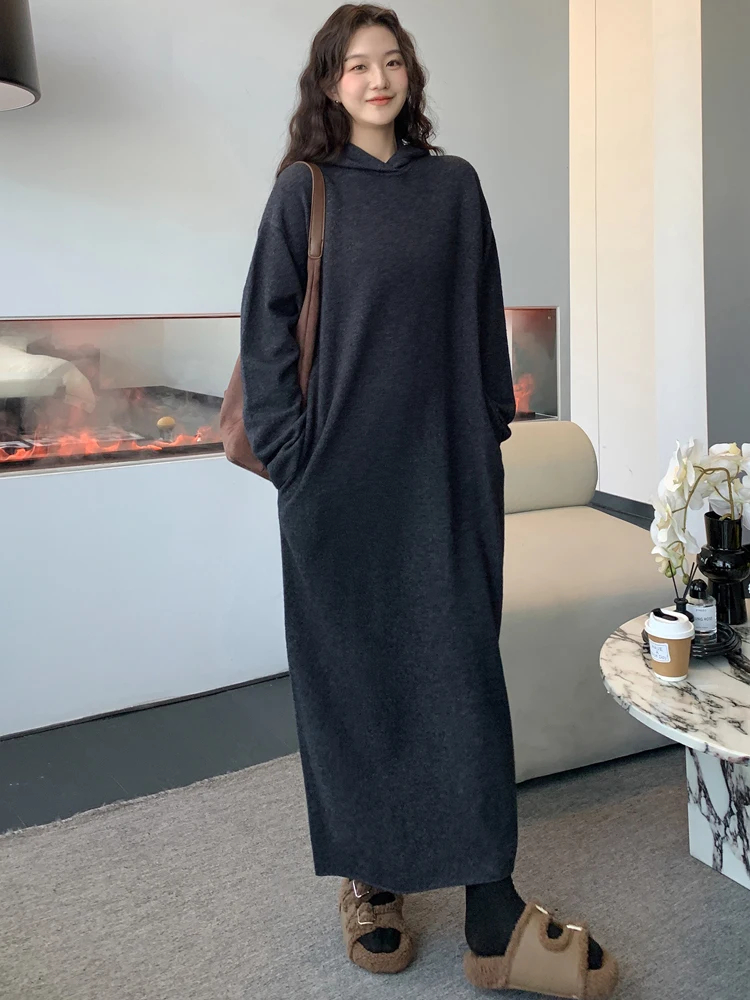 NYFS حجم كبير الحياكة فستان طويل فضفاض مريح عادية معطف بقلنسوة رداء للنساء الخريف الشتاء الكورية نمط 2025 Elbise #4