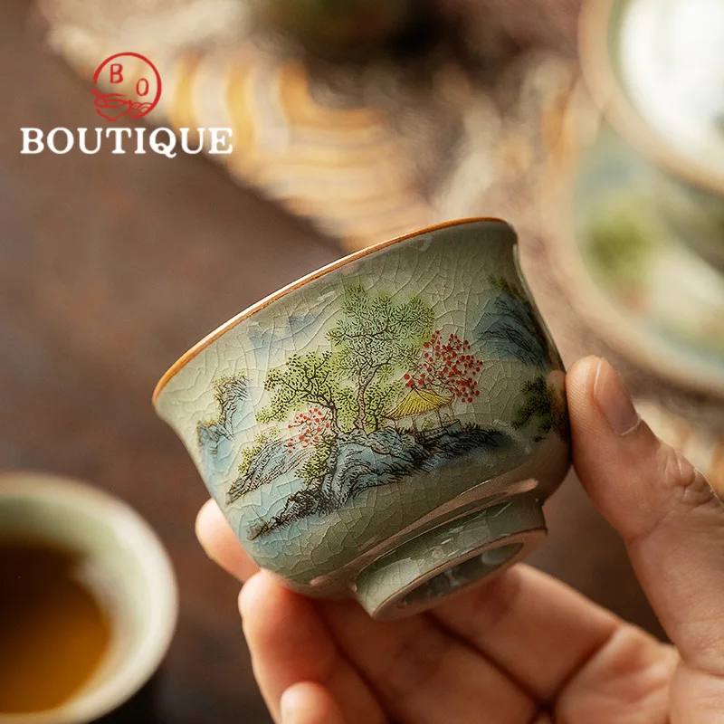 Handmade Old Pottery Mud Teacup Creative Landscape Tea Cup Set Smelling Cup Tea Bowl Fragrance Cup Tea Services Ornaments Gifts