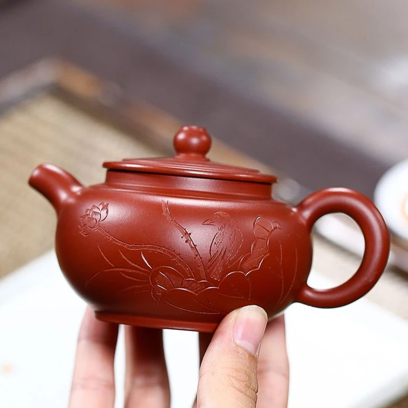 

full handmade tea pot ball shaped infuser holes lotus flower embossed carved master pots original ore yixing zisha dahongpao new