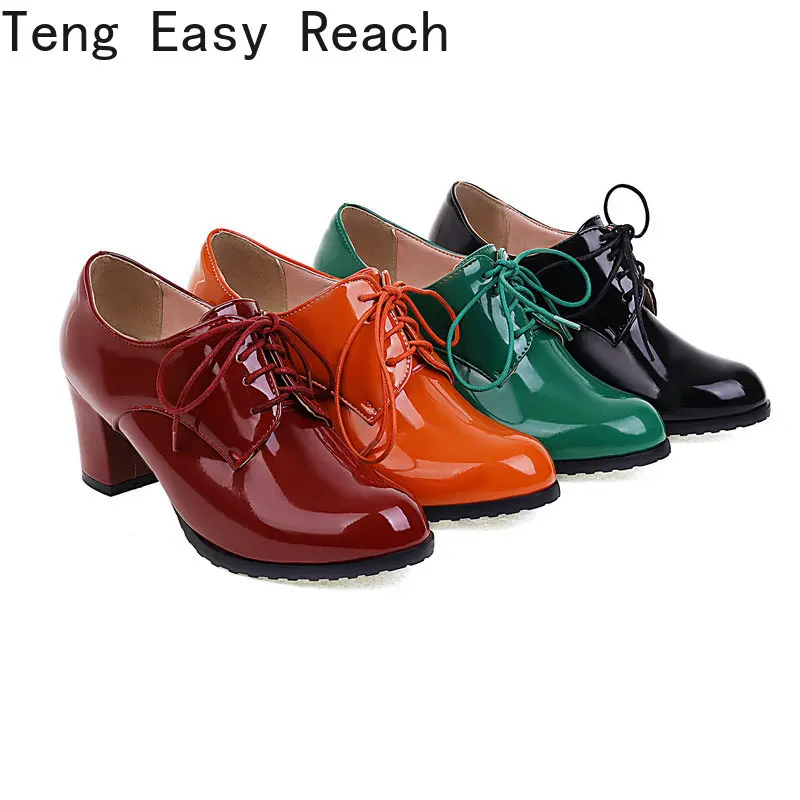 2023 Spring Patent PU Leather Orange Green Lace-up Office Working Woman Shoes Thick High Heeled Derby Oxfords Pumps Heels Woman