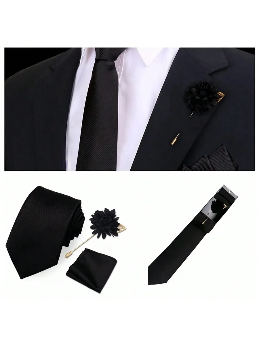 

Mens Black Tie Pocket Square And Flower Brooch Set For Formal Party Events