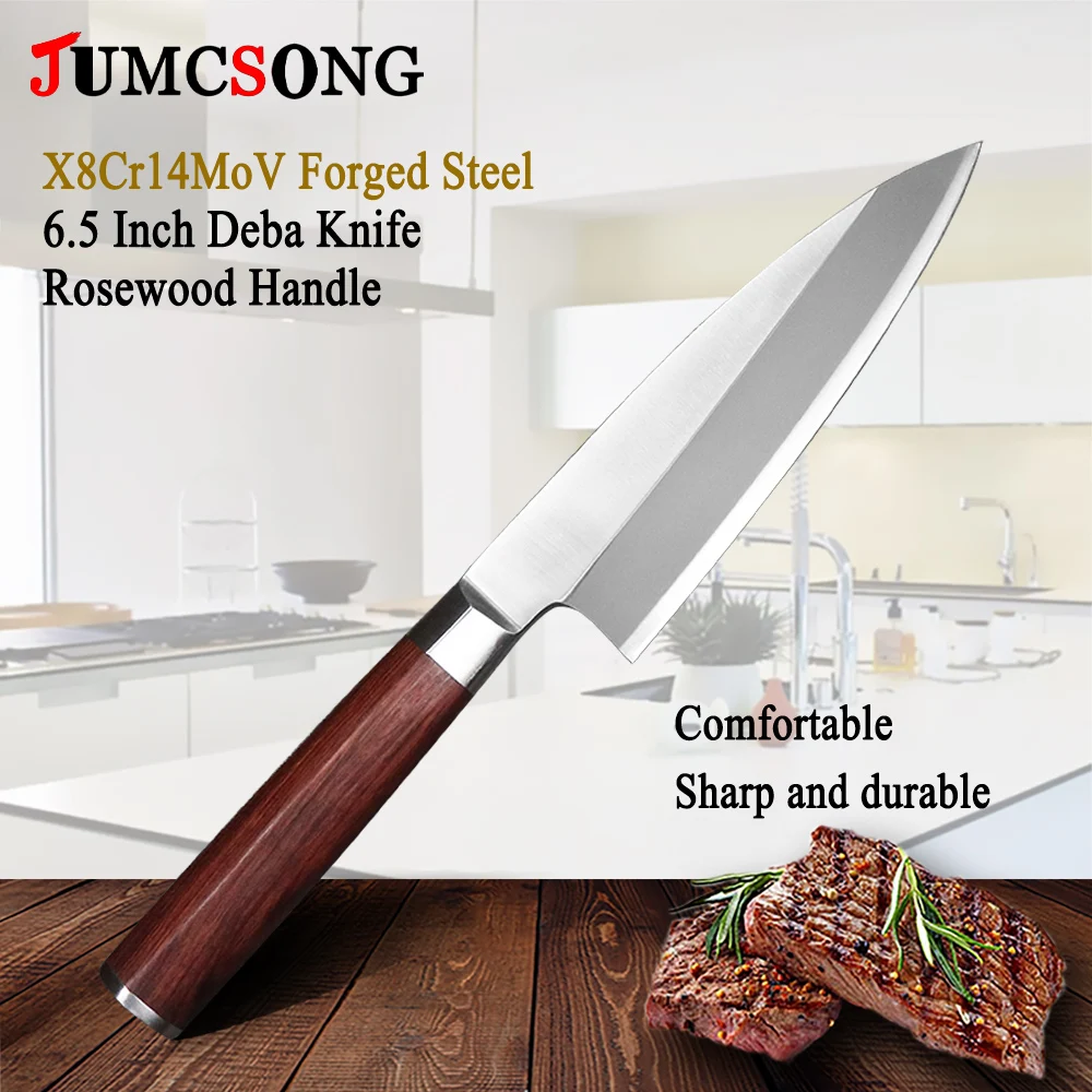 JUMCSONG Japanese 165mm Deba Fish Head Knife X8Cr14MoV Steel Salmon Sashimi Sushi Cooking Meat Cutting Peeling Knife