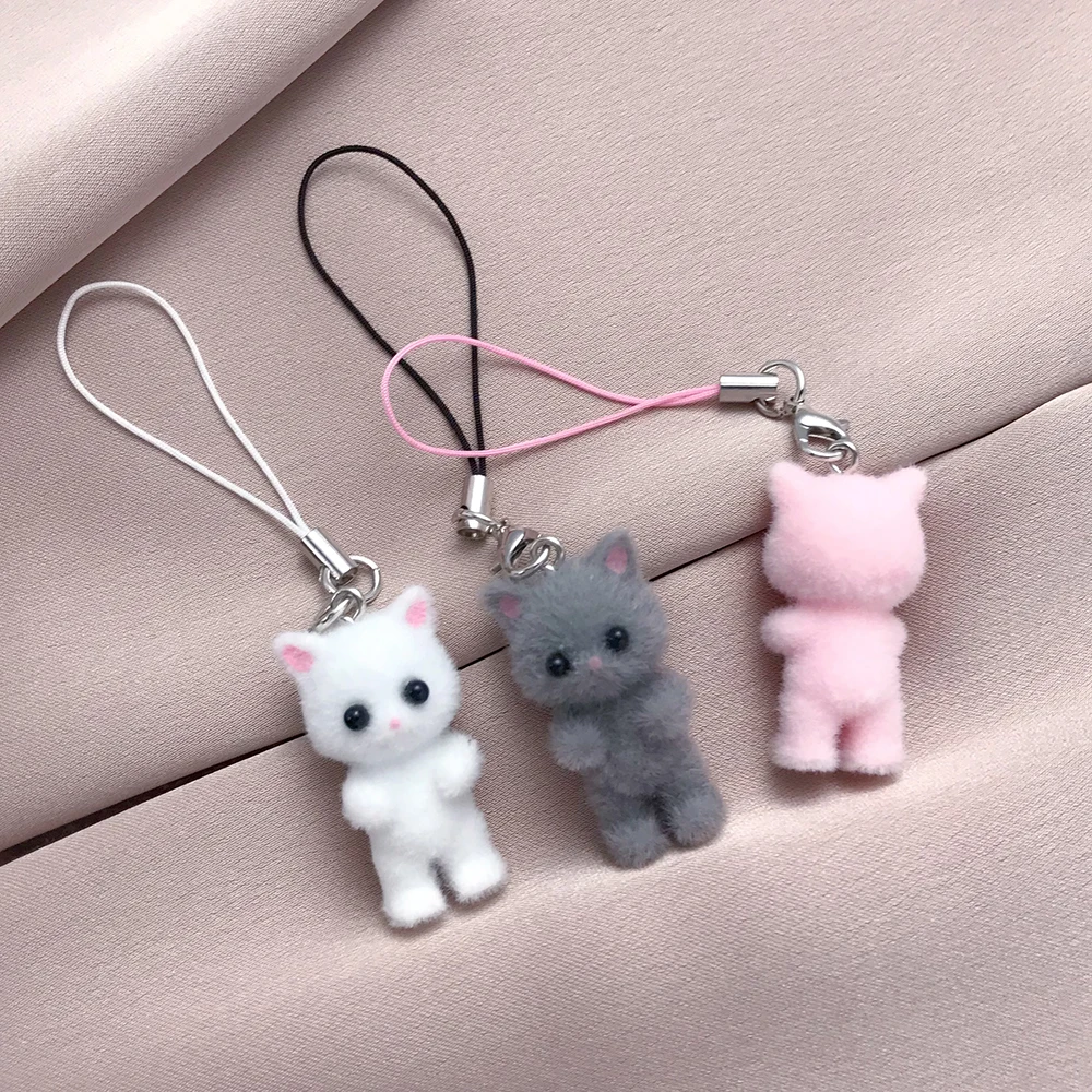 Cute Plush Resin Cat Pendant Keychain For Women Simple Design Phone Rope Chain Lovely Animal Bag Car Keyring Young Girls B394