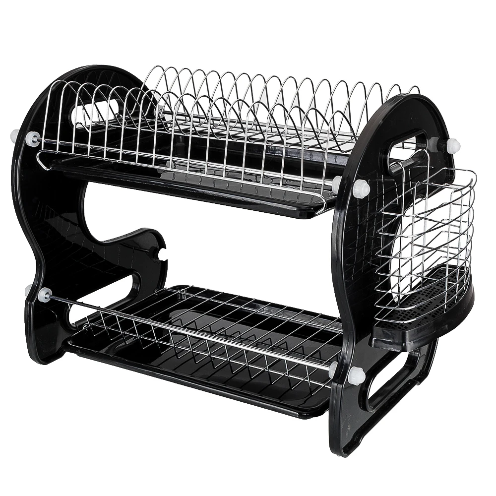 Multifunctional Dual Layers Bowls & Dishes & Chopsticks & Spoons Collection Shelf Dish Drainer Black Kitchen Furniture