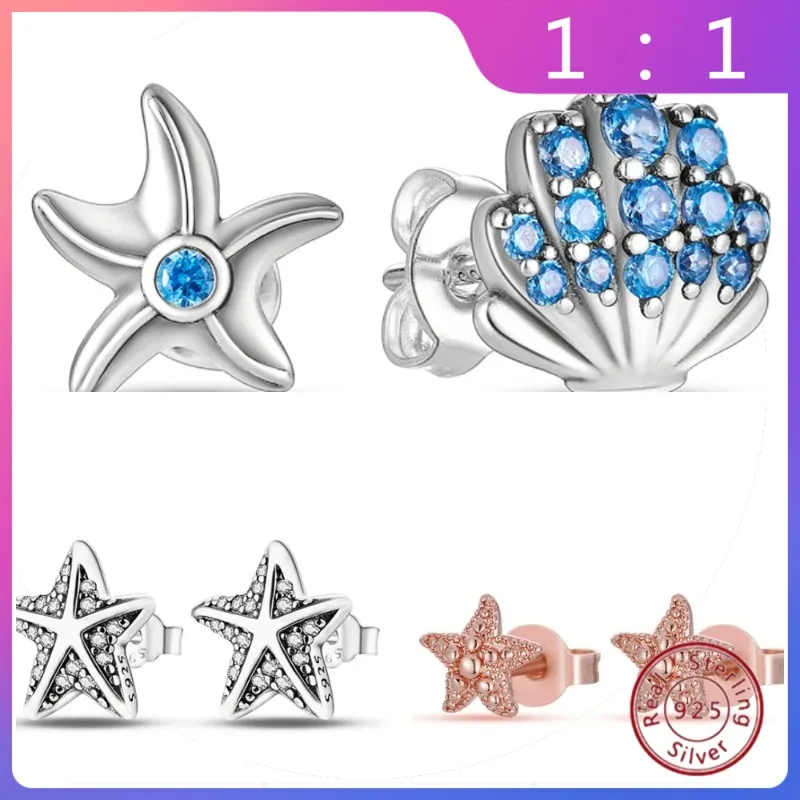 Regalo Elegante para Mujer: Pendientes de Tuerca de Estrella de Mar de Plata de Ley 925 con Circonita Brillante،