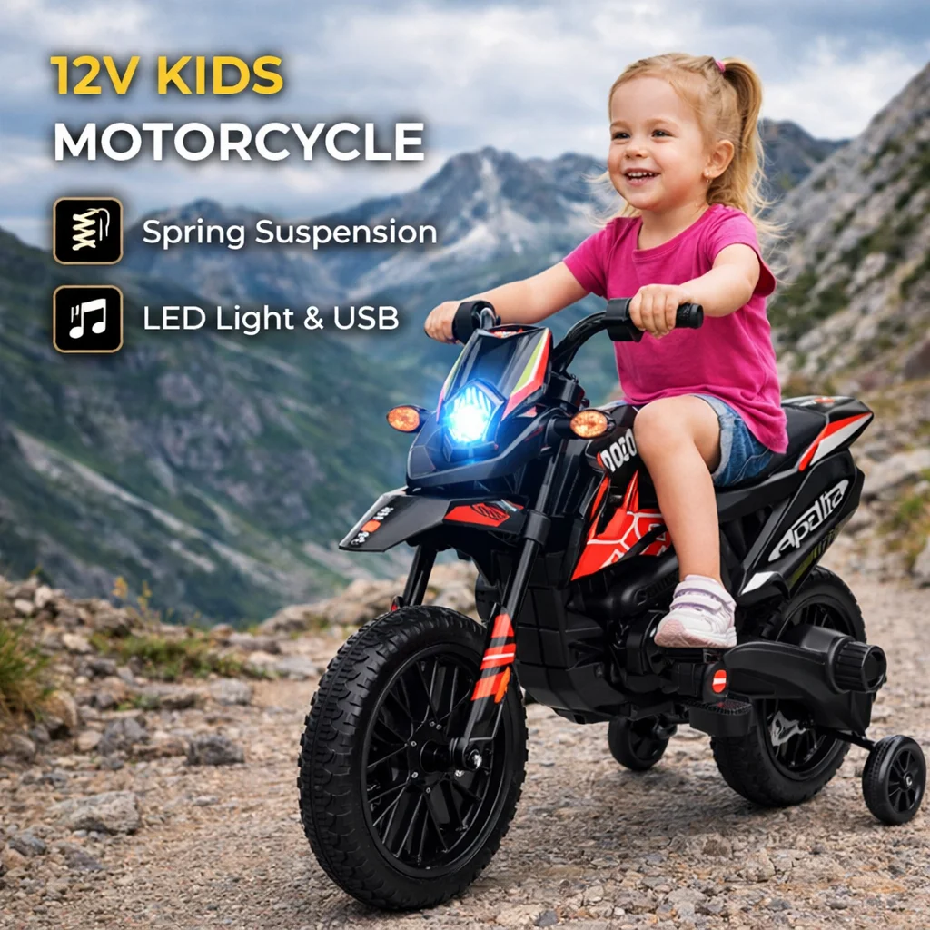 

Детский электрический мотоцикл Safety 12V с тренировочными колесами, светодиодами и музыкой для детей 3-8 лет