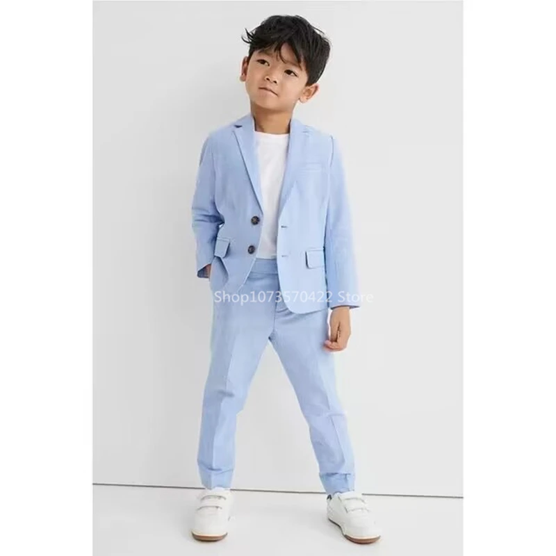 Flower Boys Suits Light Blue Two Buttons Blazer Kids Formal Ceremony Costume Children Birthday Wedding Party Dress Performance