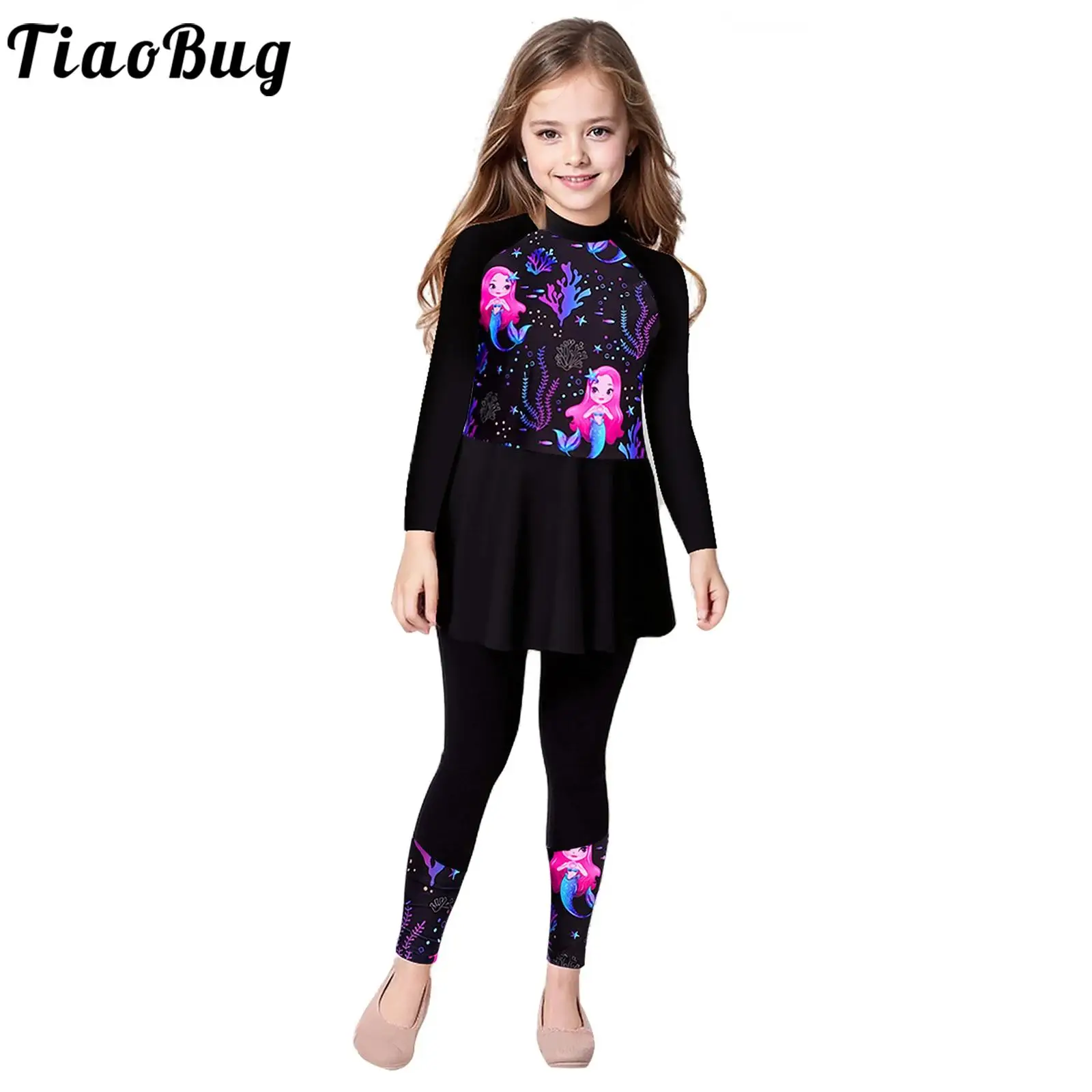 Kids Girls Long Sleeve Swimsuit Dresses and Long Swim Pants Swimwear Sets Print Beach UPF 50+ Protect Bathing Suit for swimming