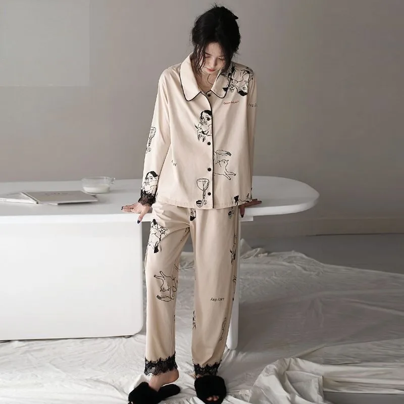 2024 New Pajama Women's Thin Spring Autumn Lace Edge Sleepwear Pure Cotton Long Sleeved Pants Flip Collar Cardigan Homewear Set