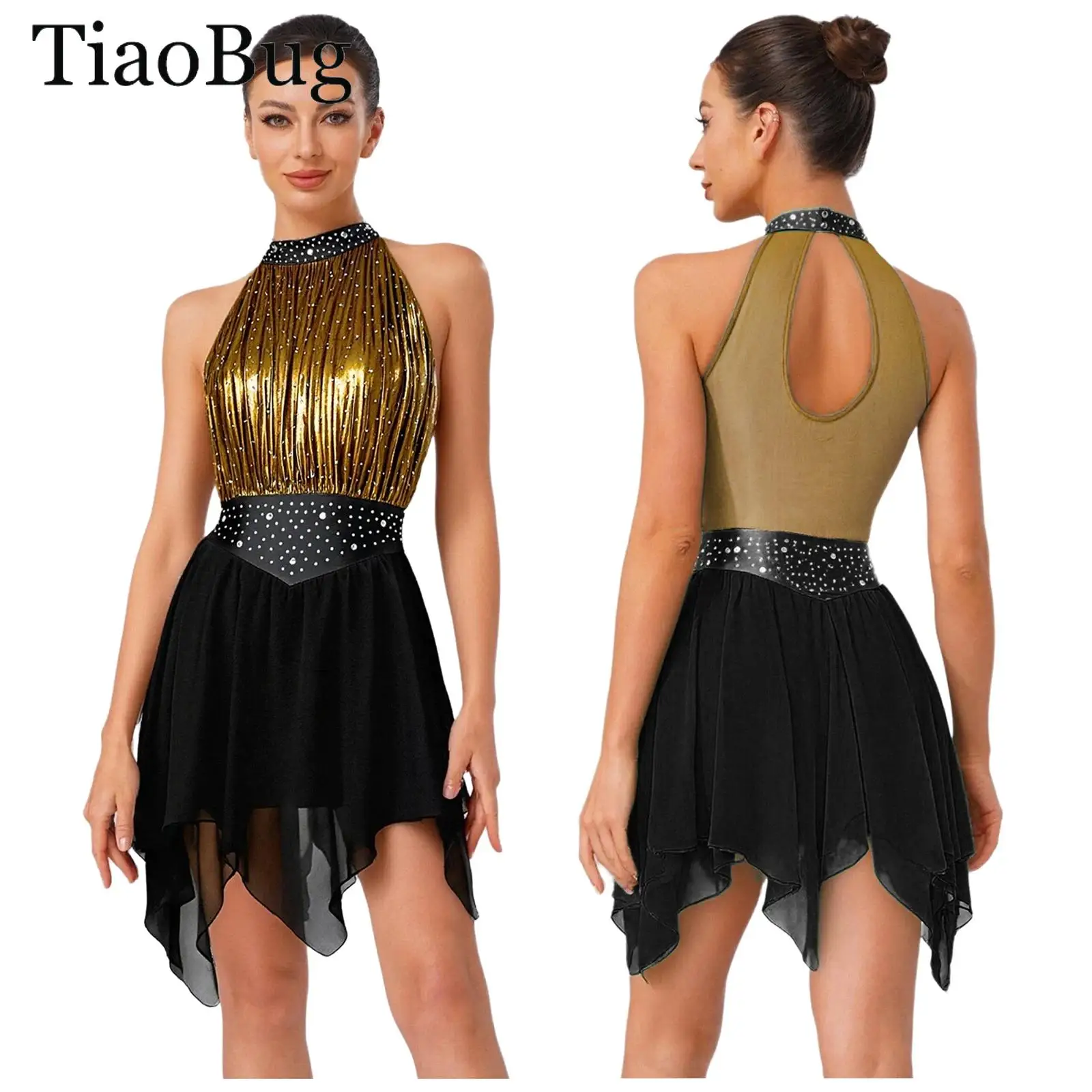

Women Metallic Lyrical Dance Dress Sleeveless Backle Rhinestone Chiffon Irregular Hems Skating Contemporary Ballet Leotard Dress