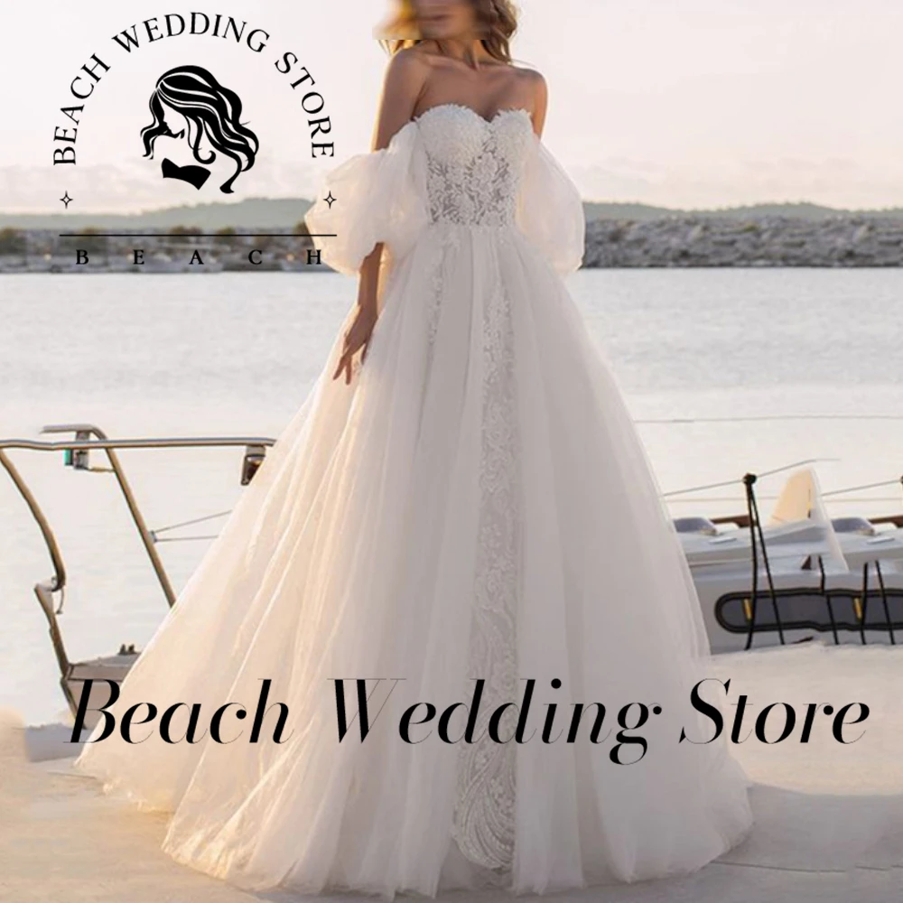 

Beach Customized Sweetheart Short Puff Sleeve Wedding Dresses For Women Lace Appliques A Line Sweep Train Elegant Bride Dress