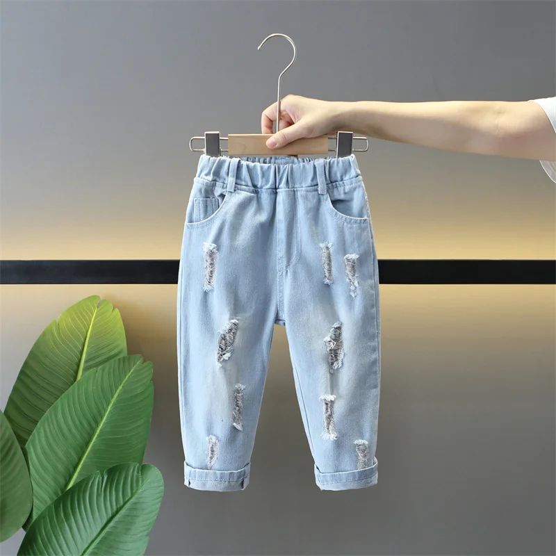 Boys\' pants, spring and autumn styles, new trendy baby distressed soft jeans, children\'s spring casual pants