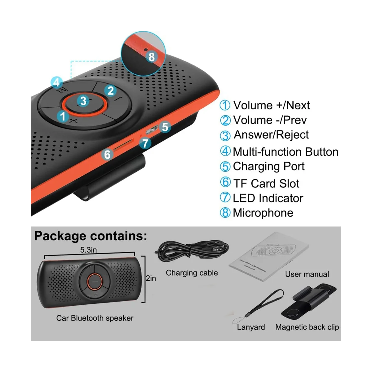 Car Bluetooth Speaker Bluetooth in Car Speakerphone for Handsfree Talking, Wireless Car Music Player with Visor Clip