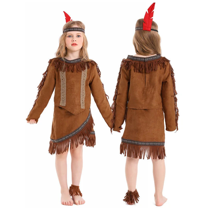 Halloween Kid Cosplay Aboriginal Indian Chief Costume Children Cosplay Costume Cute Funny Fringe Dress Sets for Girls