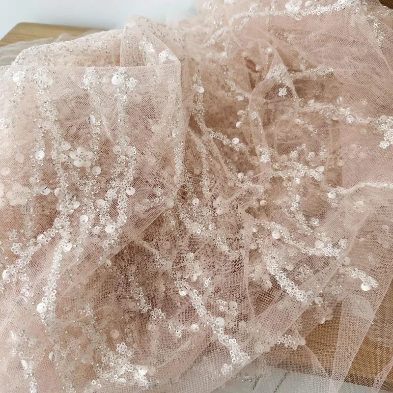 Multicolor 3D Beaded Sequin Lace Fabric for High-End Wedding Dress Vertical Stripe Trim