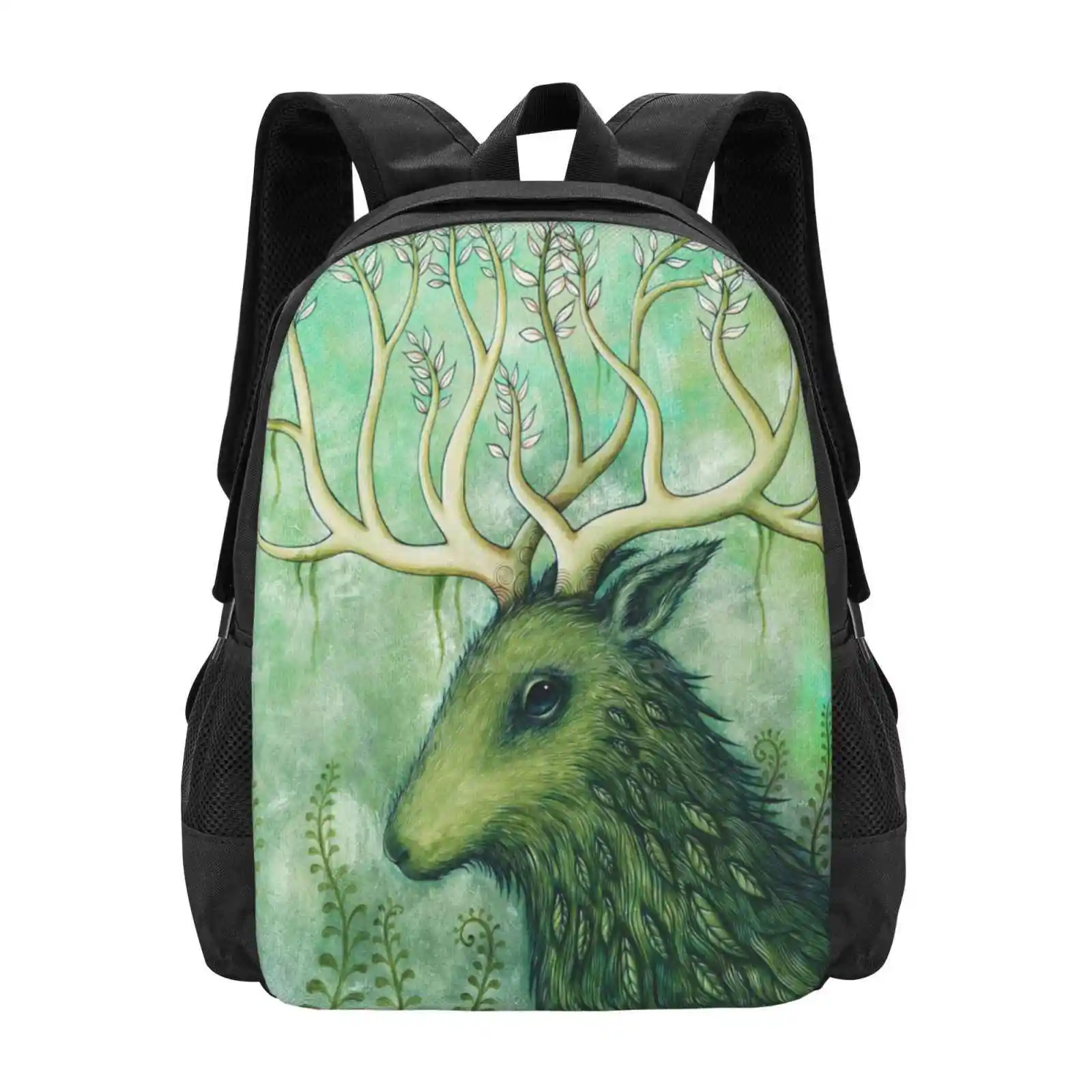 

" Sianch Of The Mountain " Pattern Design Bagpack School Bags Stag Elk Deer Branches Antlers Green Forest Myth Legend