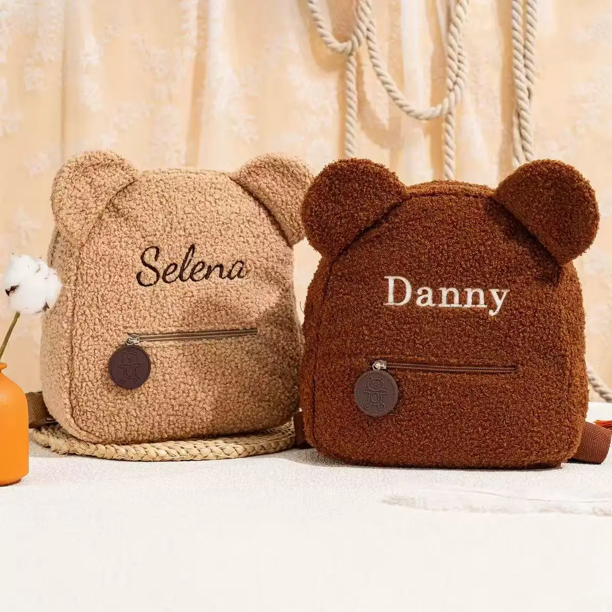 Cute Bear Plush Backpack for Kids - Embroidered Name Autumn Winter Outdoor Shoulder Bag Custom Personalized Children's Gift