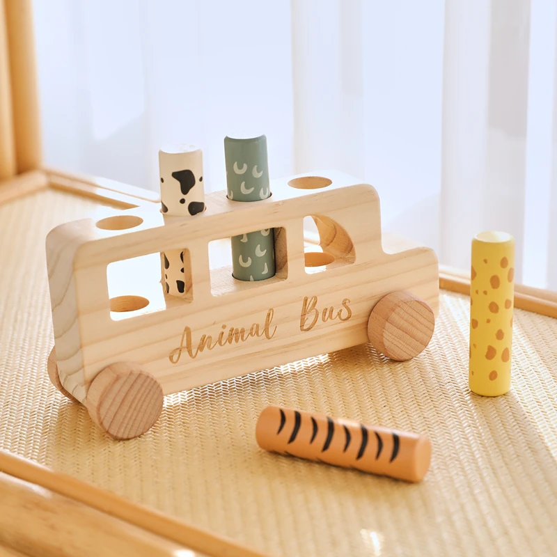 

Baby Wooden Bouncing Toys Car Animal Bus Shaped Newborn Education Sensory Puzzle Hand Eye Coordination Training Toys Baby Gifts